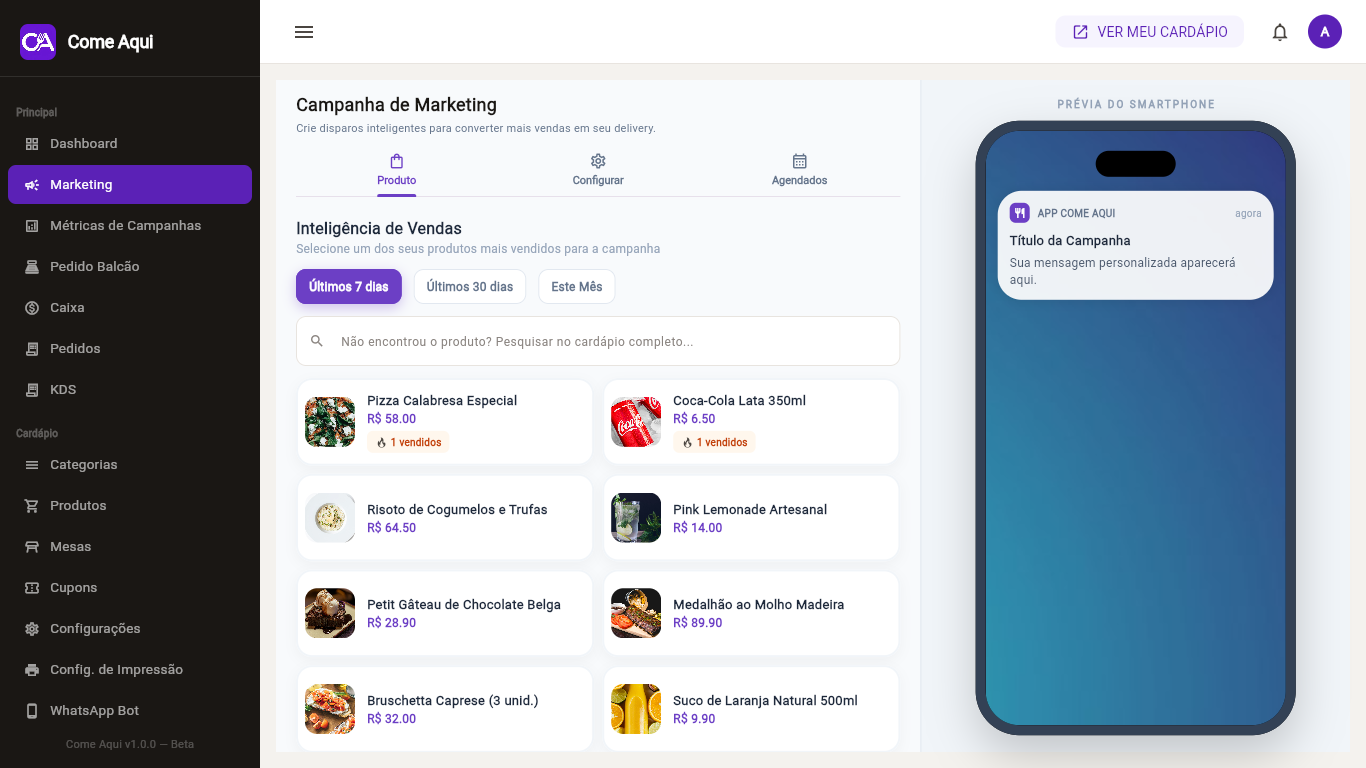 Tela de marketing do Come Aqui para criar campanhas e notificações promocionais.