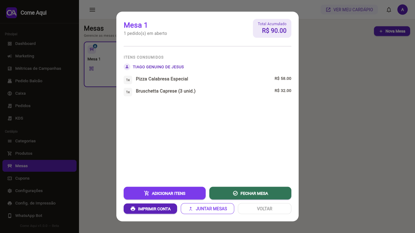 Acompanhamento de mesas e pedidos por mesa no painel do Come Aqui.