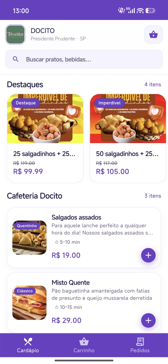 Cardápio digital do Come Aqui no celular do cliente: categorias, produtos com preços e resumo do pedido.
