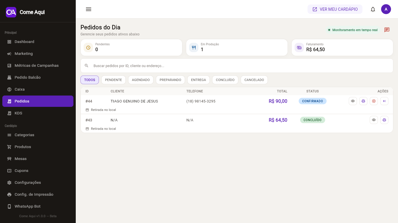 Gestão de pedidos no painel do Come Aqui: lista de pedidos com canal, itens, total e status de cada um.