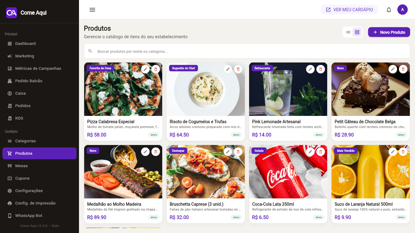 Cadastro de produtos no painel do Come Aqui, com o menu lateral e a lista de produtos com foto, preço e categoria.